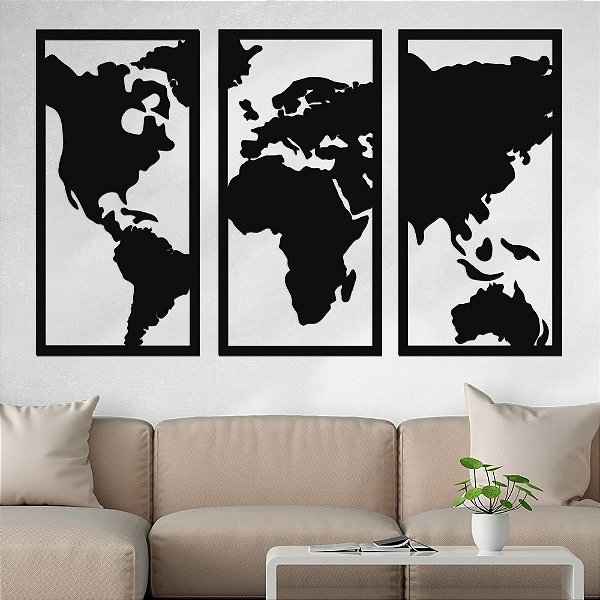 Trio de Painéis Decorativos - Mapa Mundi - P41