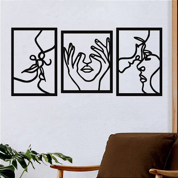 P82 - Trio de Painéis Decorativos - Silhuetas e Linhas Faces