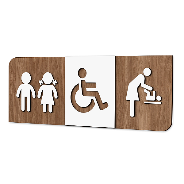 Placa de Sinalização Indicativa - Banheiro Kids, PNE e Fraldário