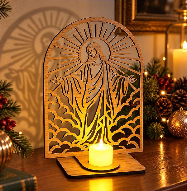 Enfeite de Mesa - Natal - Jesus de Braços Abertos com vela