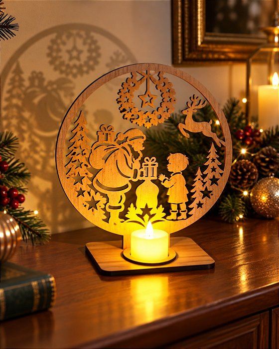 Enfeite de Mesa - Natal - Papai Noel e Criança com vela