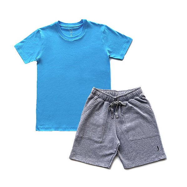 Kit Camiseta Infantil Menino Jokenpô Azul + Bermuda Cinza