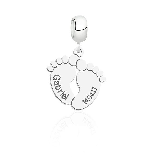 Berloque Personalizado com 2 Pezinhos com Nome e Data de Nascimento | Prata