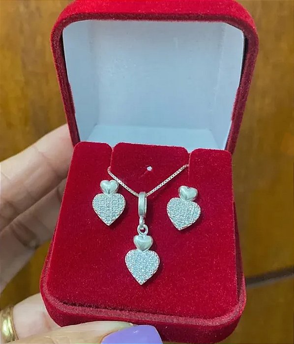 Conjunto coração cravejado Prata 925