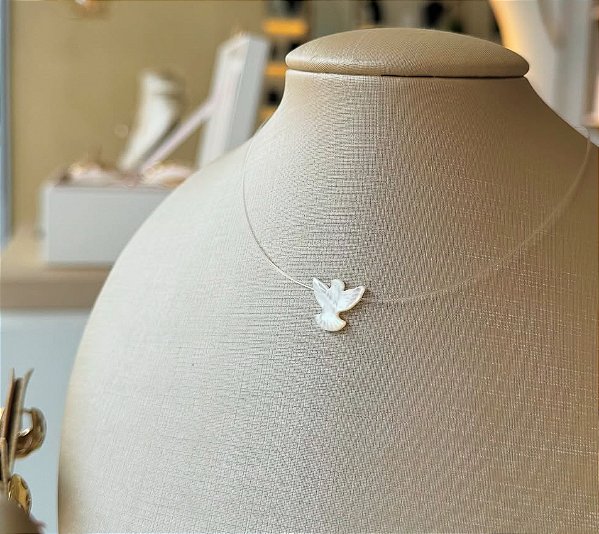 Colar nylon pomba Espírito Santo madrepérola Prata 925