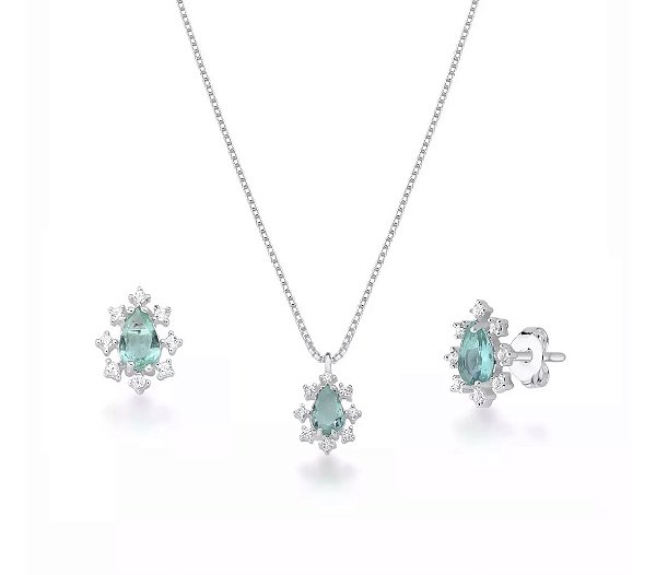Conjunto de Prata Gota Turmalina com Zircônias