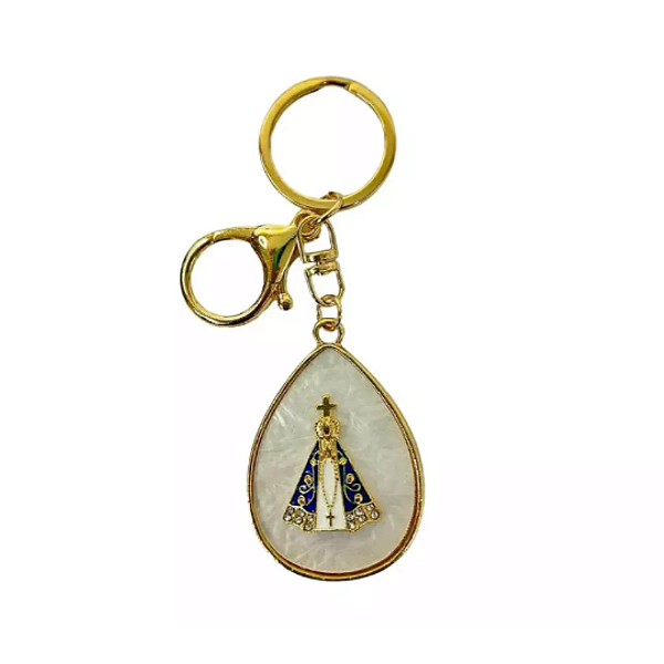 Chaveiro Mosquetão Dourado Nossa Sra. Aparecida Fundo Branco Gota Mármore