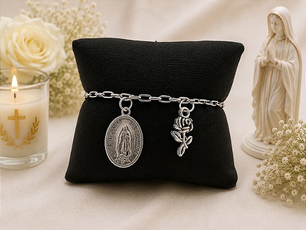 Cadeia Modelo 8 medalha de Nossa Senhora de Guadalupe e flor