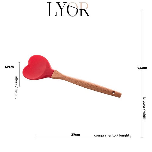 Colher de  Silicone com Cabo em Bambu Heart Vermelho 31,5cm - Lyor