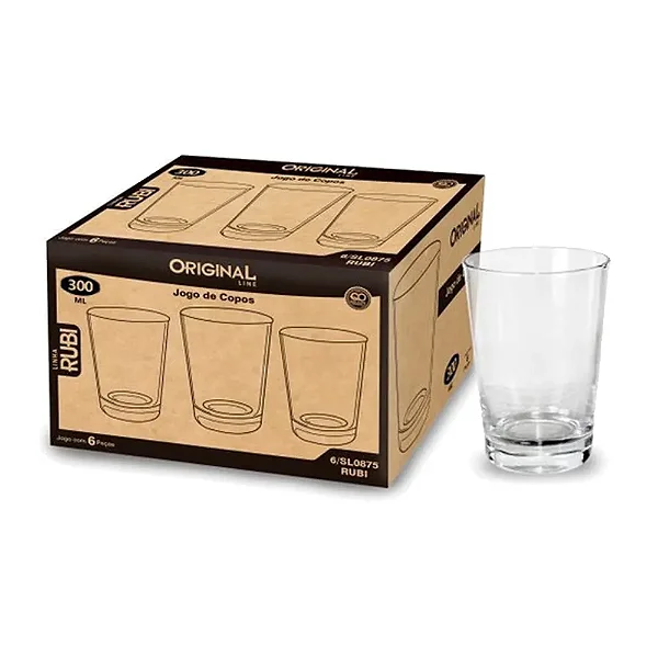 Jogo de Copos Em Vidro Original Line Rubi 300ml 6 Peças