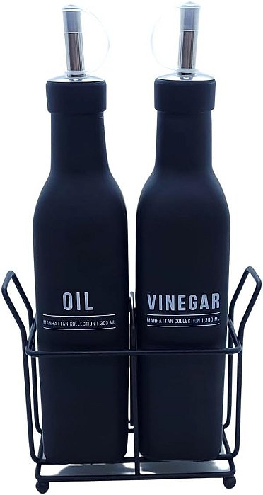 Galheteiro Preto Fosco Manhattan Óleo Vinagre Azeite 300ml 3 Peças