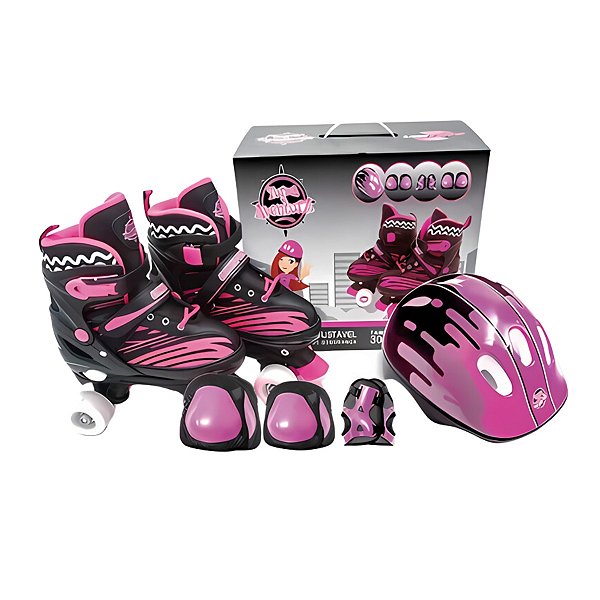 Patins Quad 4 Rodas Roller Aventura Preto e Pink Unitoys