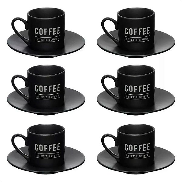 Jogo de Xícaras Porcelana 80ml para Café com Pires Manhattan Hauskraft Preta 6 Peças
