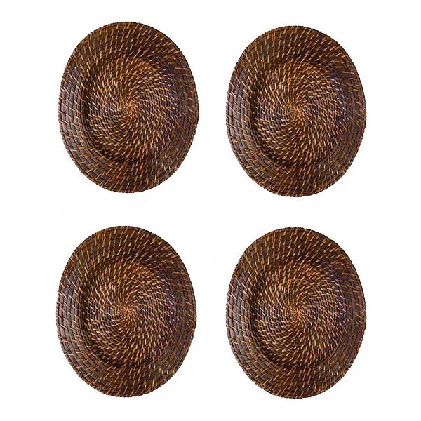4 Sousplat Redondo Rattan E Bambu Marrom Rustico 32cm