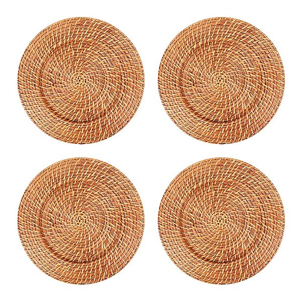4 Sousplat Redondo Rattan Bambu Bege 32x32cm