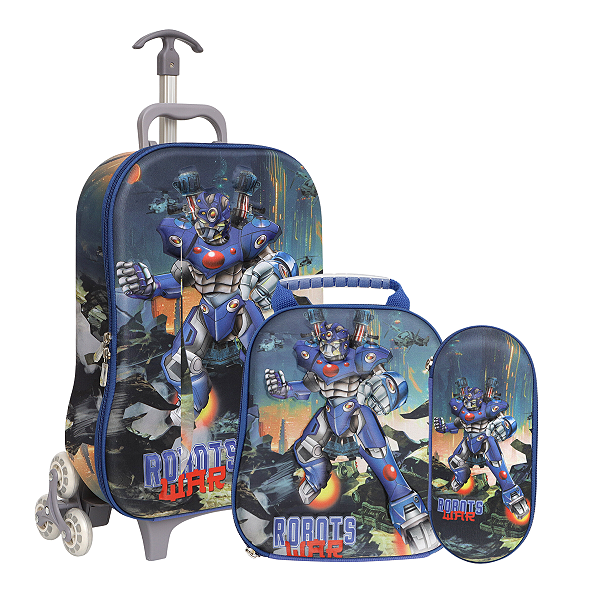 Kit Mochila de 3 Rodinhas Com Estojo e Lancheira Térmica Robots War