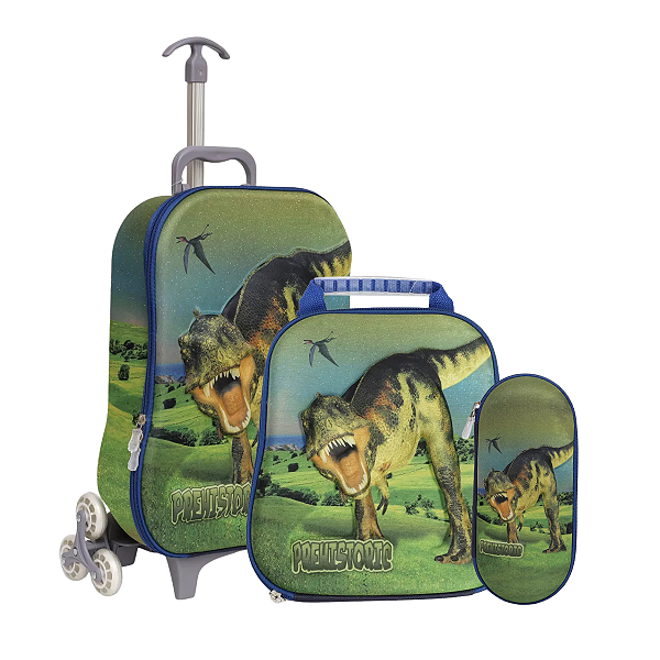Kit Mochila de Rodinhas Com Estojo e Lancheira Térmica Dinossauro
