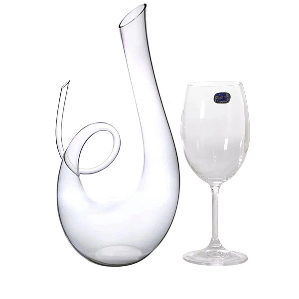 Kit Vinho - Jogo 6 Taças Cristal Com Titanium 350ml + Decanter Cristal Hand Made Cristal Ecologico 1,1L
