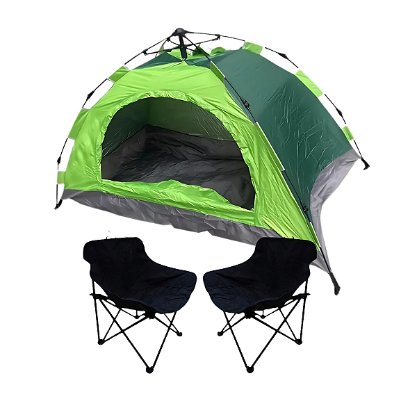 Kit Barraca Camping Verde Escuro e Verde Claro + 2 Cadeiras de Camping Pretas