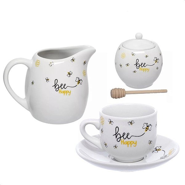 Kit Café da Manhã Leiteira Honey Porcelana Branca + 6 Xícaras Honey Hauskraft Porcelana Branca + Meleira Honey Hauskraft
