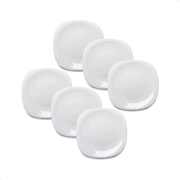 Kit 6 Pratos Sobremesa 21,6cm Opalino Branco Quadrado