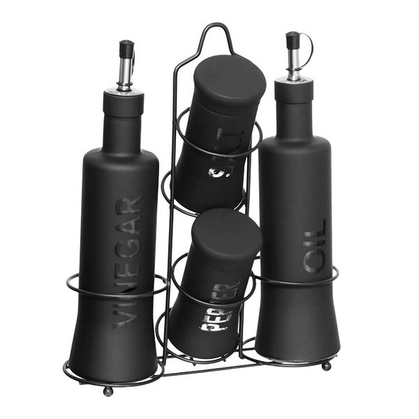 Kit Galheteiro de Vidro com Suporte Inox, 5 Peças