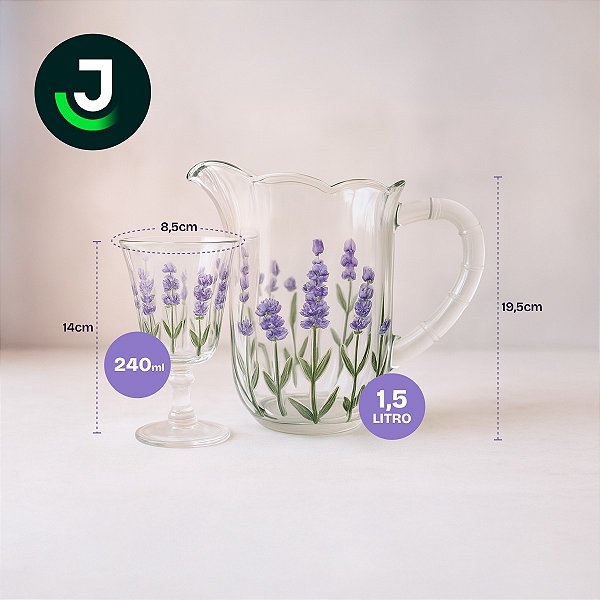 Jarra com 6 taças Cristal Lavanda Hand Painting 1,3L - Lyor