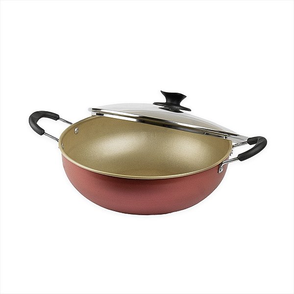 Panela Tacho Paella Moqueca 30 cm Tampa Vidro Antiaderente
