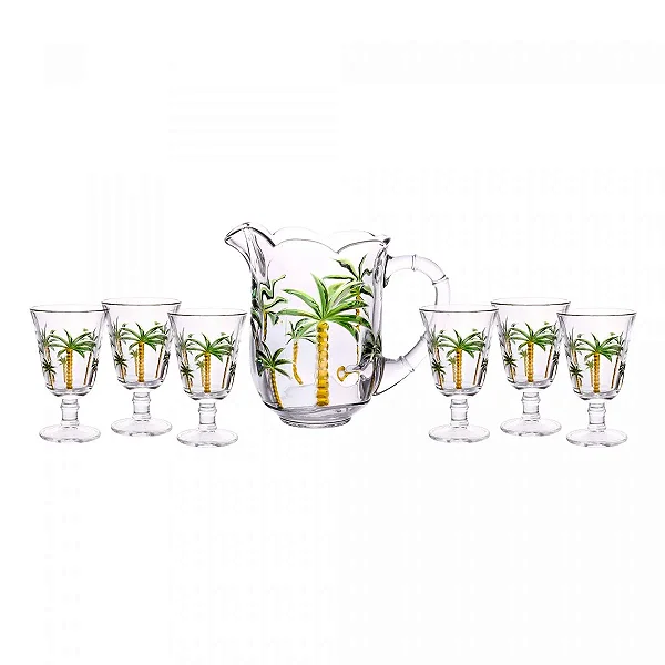 Conjunto Jarra com 6 Taças de Cristal Palm  Hand Painting 1,3L/240ml - Lyor