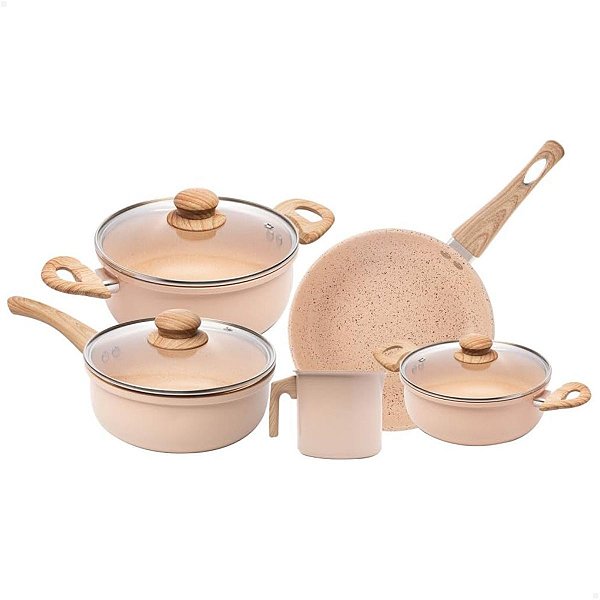 Conjunto 5 Panelas de Indução Bege Alumínio com Revestimento Cerâmico