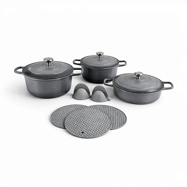 Jogo De Panelas Com Indução 3 Peças | Alumínio Com Revestimento Cerâmico + Luvas E Descansos De Silicone - Jhamba Cinza