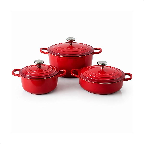 Jogo De Panelas Cerâmica Antiaderente Conjunto 3 Caçarolas | Compatível Com Indução E Gás | - Jhamba Vermelho