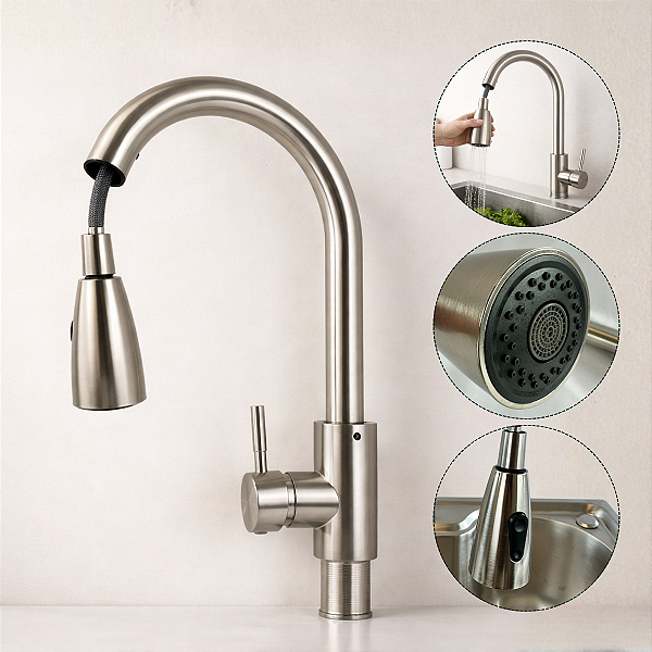 Torneira Gourmet Cozinha Inox Monocomando Com Chuveirinho Flexível | Bica Giratória 360° | Ducha Spray Retrátil | Mistur