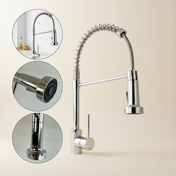 Torneira Gourmet Cozinha Inox Monocomando Com Chuveirinho | Bica Alta Giratória 360° | Ducha Spray Retrátil | Misturador