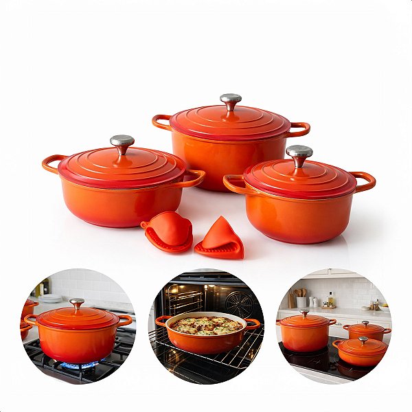 Conjunto De Panelas Caçarola Grande Florença Laranja 3 Peças | Cerâmica Antiaderente Sem Pfoa | Fogão de Indução E Forno