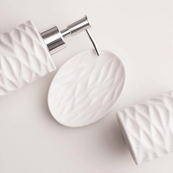 Kit Conjunto 3 Peças Banheiro Lavabo de Cerâmica Branco Porta Sabonete, Porta Escova e Saboneteira
