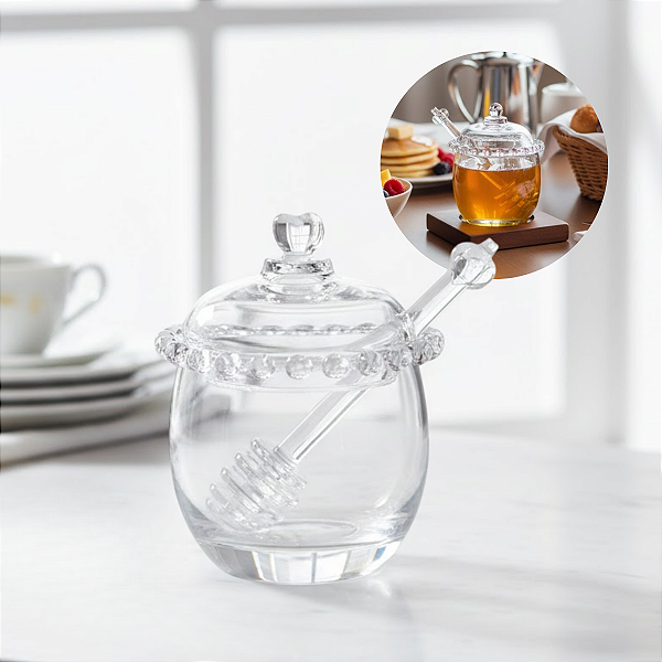 Meleira De Cristal Pote Mel Com Pegador Colméia Coração Transparente