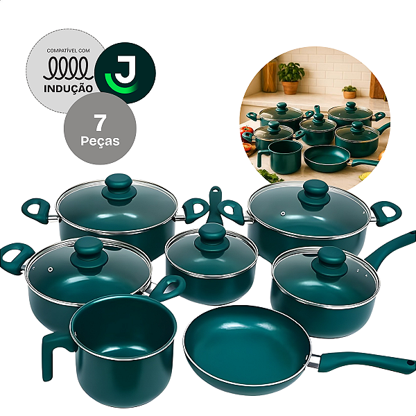Conjunto Panelas Jhamba Indução Cerâmica 2mm Antiaderente 7 Peças Verde