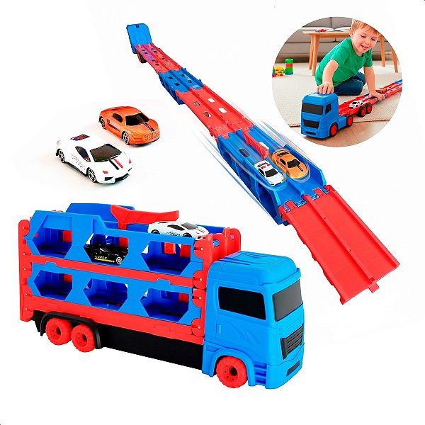 Caminhão De Brinquedo Vira Pista Dupla 1,55M Com 2 Carrinhos Maleta Lançador Cegonha Carreta Azul Jhamba