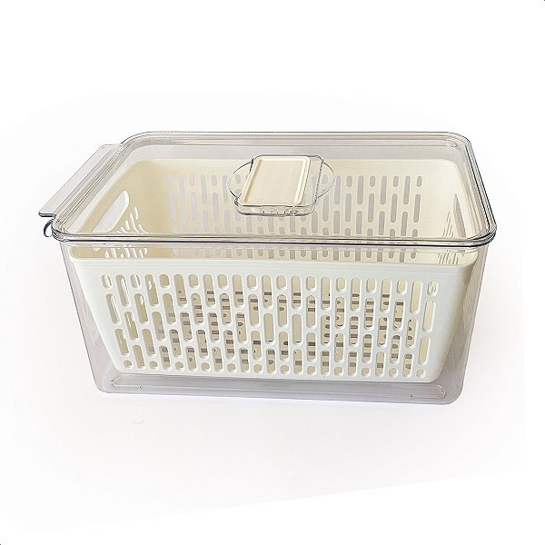 Pote Organizador Geladeira 5,7l Grande Com Cesto De Drenagem Transparente E Branco