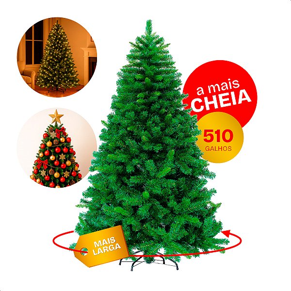 Árvore de Natal Pinheiro 1,50m com Pé de Ferro 510 Galhos Mais Cheia Realista Verde Jhamba