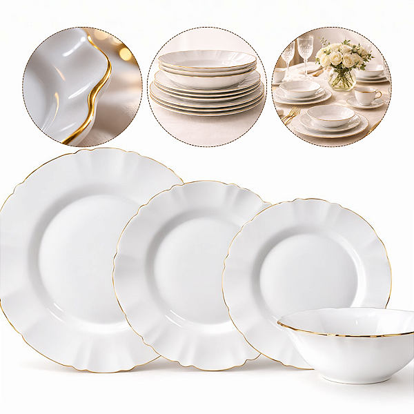 Hauskraft Aparelho de Jantar Opalino, Conjunto 16 Peças, Porcelana Branca com Borda Dourada, Pratos e Tigelas
