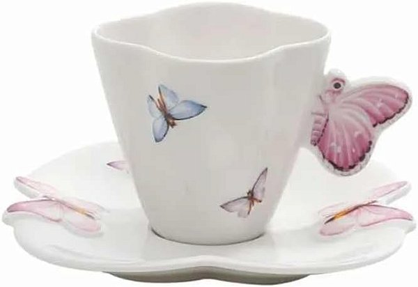 Cj 6 Xícaras De Café C/ Pires Borboletas Porcelan 100ml Branco Borboleta