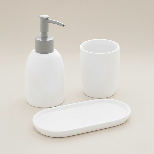 Kit Para Banheiro Cerâmica Londres Branco e Prateado 3 Peças