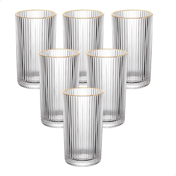 Jogo 6 Copos De Vidro Longo Borda Dourada 420ml Alto Frisado Incolor
