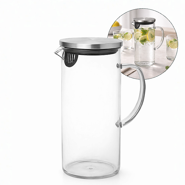 Jarra Vidro Borossilicato 1.4L Tampa Inox Resistente Listada