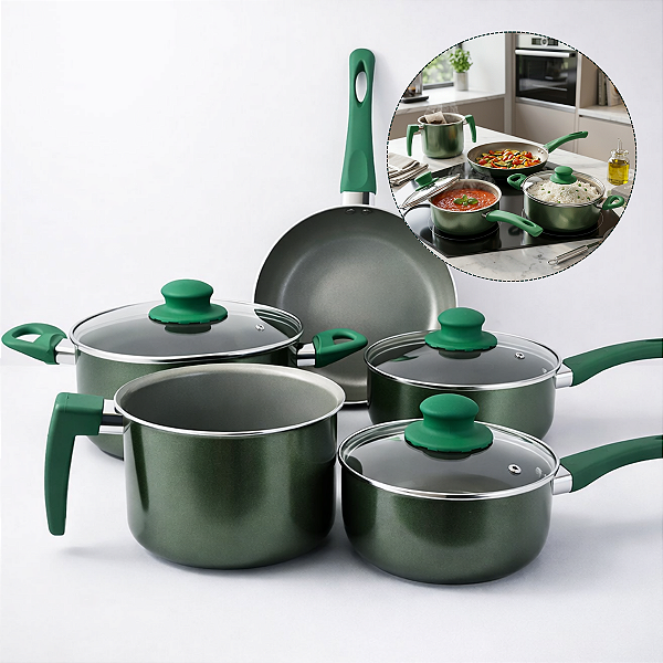 Jogo De Panelas 5 Peças Cerâmica Indução Antiaderente Verde