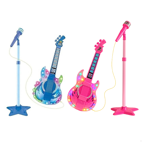 Guitarra Infantil Luzes Com Microfone Pedestal Smartphone Mp3 Rosa Azul