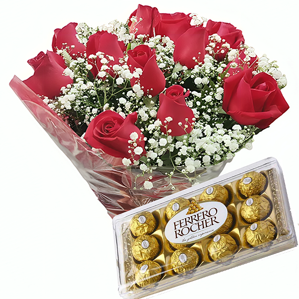 Buquê com 12 rosas vermelhas + Ferrero rocher com 12 unidades
