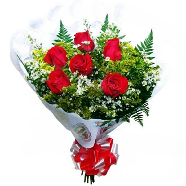 Buquê com 6 rosas vermelhas no celofane e laço